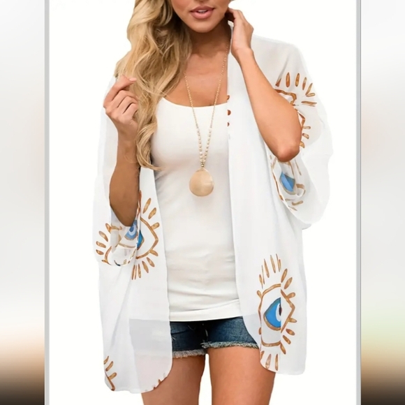 1 DAY SALE! White Lightweight Flowy Soft Comfy Evil Eye Wrap Cardigan Cover-up - Picture 3 of 3